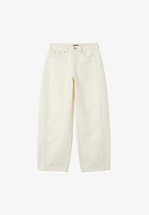 Pantalons en coton à jambes larges de couleur crème avec deux poches avant et des coutures visibles. Comprend une fermeture éclair et un bouton.