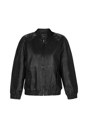 Černá kožená bomber bunda s předním zipem, žebrovanými manžetami a bočními kapsami. Texturovaný povrch s stojáčkem na límci.
