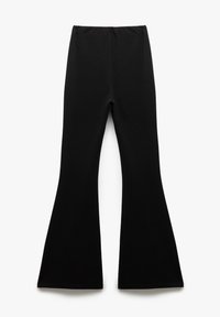 Leggings neri a zampa d'elefante realizzati in un tessuto liscio e elasticizzato. Presentano una vita alta e orli svasati alle caviglie. Senza motivi né dettagli.