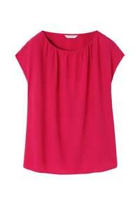 Fuchsia bluse med løs pasform, rund halsudskæring og korte ærmer. Glat stof med let plissering ved halsudskæringen. Rundet kant.