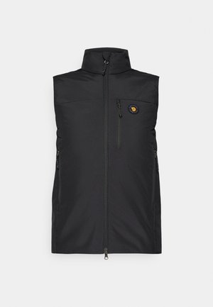 Black vest made of water-resistant fabric, featuring a high collar, front zipper, and two side pockets with zippers. Logo on the chest.