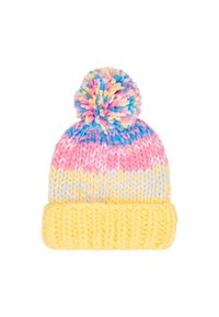 Gorro de punto con un puño acanalado amarillo, que presenta un degradado de tonos rosa, gris y azul, rematado con un pompón multicolor.