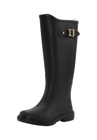 Czarne gumowe kalosze z zaokrąglonym czubkiem, wysoką cholewką, matowym wykończeniem oraz złotym detalem z boku. Teksturowana podeszwa dla lepszej przyczepności.