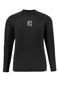 Schwarzes, langärmliges Rashguard aus dehnbarem Material. Mit einem kleinen weißen Logo auf der Brust. Nahtloses Design mit Rundhalsausschnitt.
