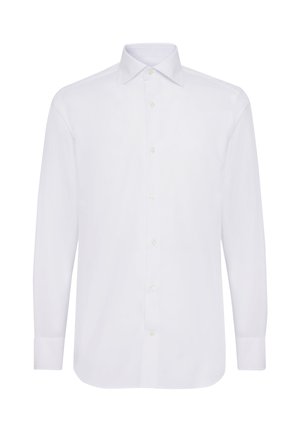 Weißes Langarmhemd mit klassischem Kragen, Knopf-Leiste und geradem Saum. Hergestellt aus glattem Baumwollstoff.