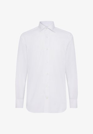 Biała koszula z długim rękawem z klasycznym kołnierzykiem, z zapięciem na guziki i prostym dołem. Wykonana z gładkiej bawełnianej tkaniny.