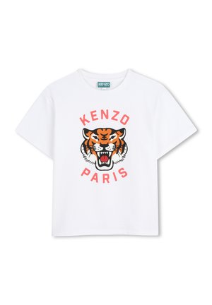 Witte katoenen T-shirt met een gedurfde oranje-zwart tijgerafbeelding, met de tekst "KENZO PARIS" in rood die in een boog rond het ontwerp loopt.