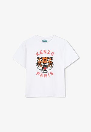 Witte katoenen T-shirt met een gedurfde oranje-zwart tijgerafbeelding, met de tekst "KENZO PARIS" in rood die in een boog rond het ontwerp loopt.