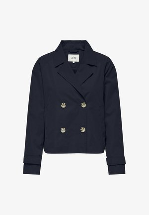 Giacca cropped blu navy realizzata in tessuto leggero, caratterizzata da un design doppiopetto con bottoni argentati e polsini ripiegati.