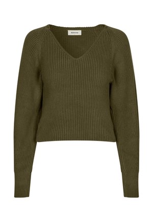 Pullover tricotat, verde măsliniu, scurt, cu decolteu în V și mâneci lungi. Prezintă o textură cadrilată și fante laterale pentru o potrivire relaxată.