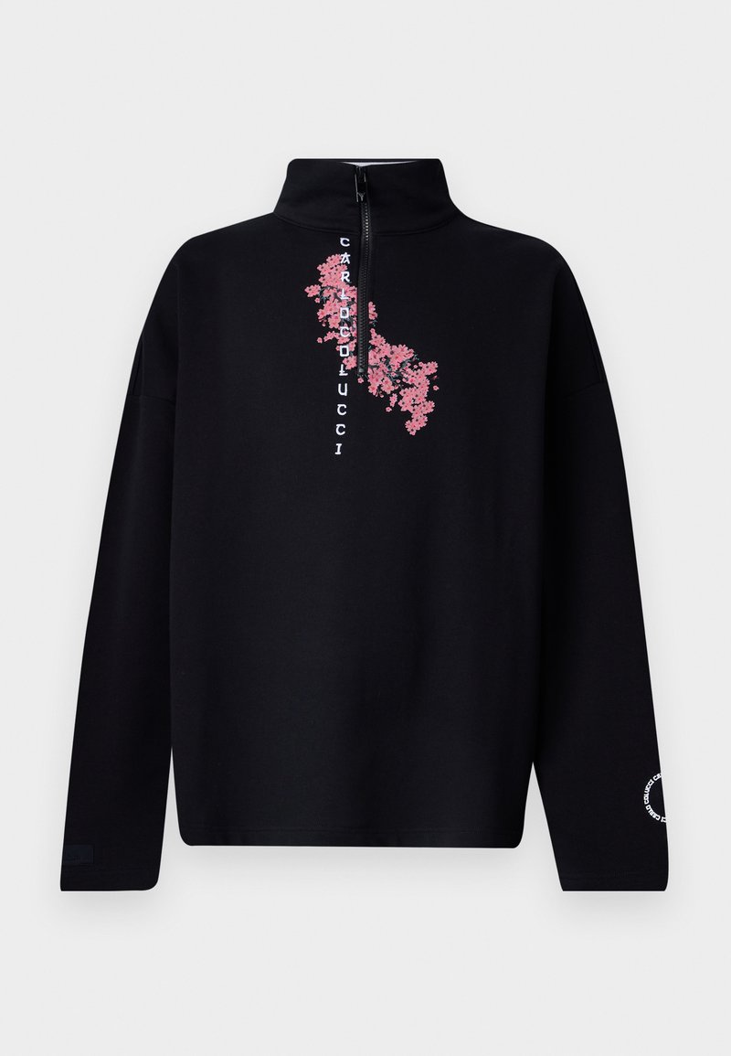 Zwarte sweatshirt met hoge kraag en ritsluiting. Heeft een roze bloemenontwerp en tekstgrafiek aan de voorkant, met lange mouwen en geribde manchetten.