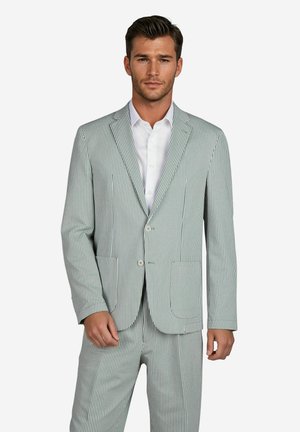Gestreifter Anzug in Hellgrün und Weiß, taillierte Passform,einreihige Jacke mit Reverskragen, passende Hose, glatte Stofftextur.