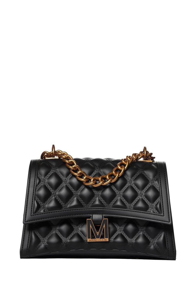 Borsa a tracolla nera trapuntata in pelle, con una catena dorata e un’elaborata patta con un logo prominente sul davanti.
