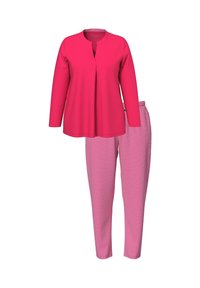 Tunic rosa brillante a maniche lunghe con scollo a V abbinato a pantaloni dritti a righe rosa e bianchi.
