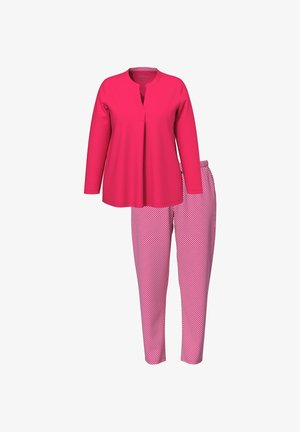 Lys pink langærmet tunika med udsparing ved halsen, parret med pink og hvide mønstrede lige bukser.