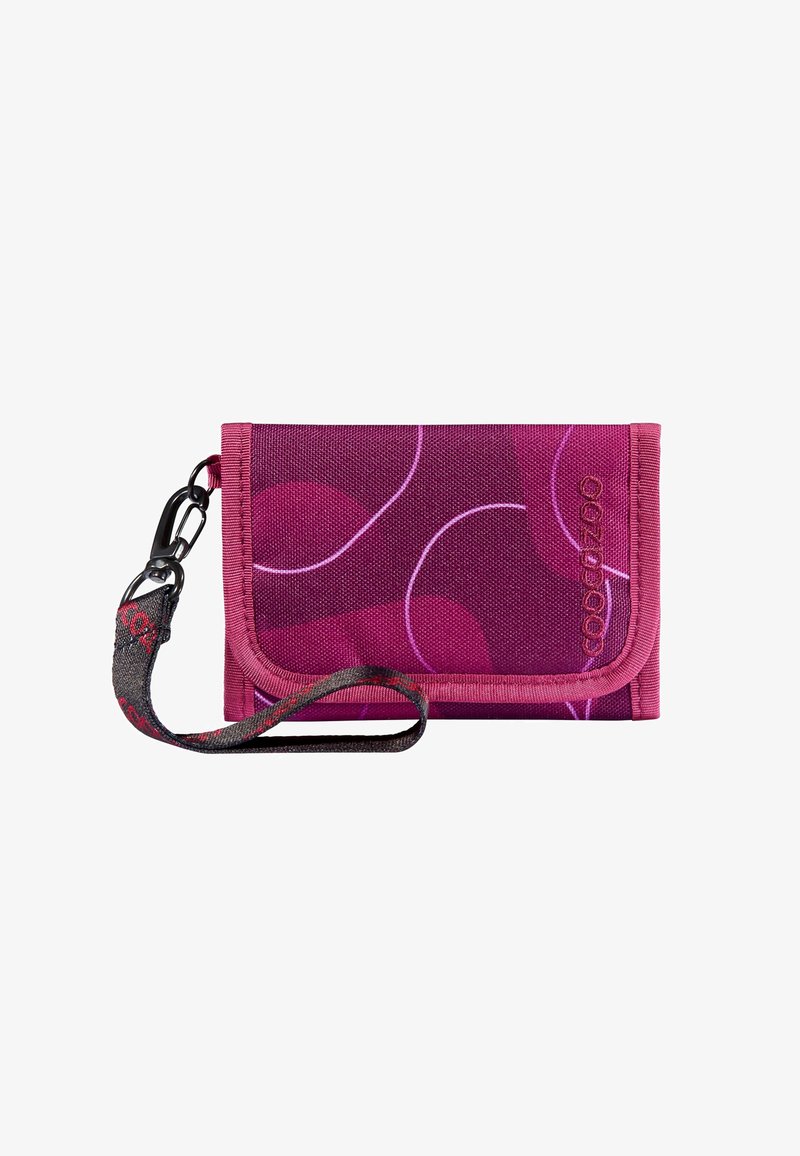 Lila Geldbörse aus glattem Material mit kreisförmigen Mustern, einem Clipverschluss und einem strukturierten Riemen für einfachen Transport.