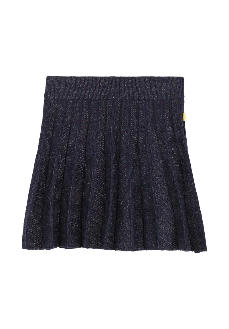 Gonna a pieghe blu navy con un tessuto strutturato, dotata di una vita a costine e sottili fili scintillanti. Lunghezza corta, senza chiusure visibili.