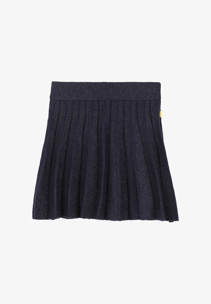 Gonna a pieghe blu navy con un tessuto strutturato, dotata di una vita a costine e sottili fili scintillanti. Lunghezza corta, senza chiusure visibili.