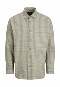 Chemise à boutons en tissu léger, avec un motif à carreaux beige et bleu foncé, col évasé et boutons en bois.