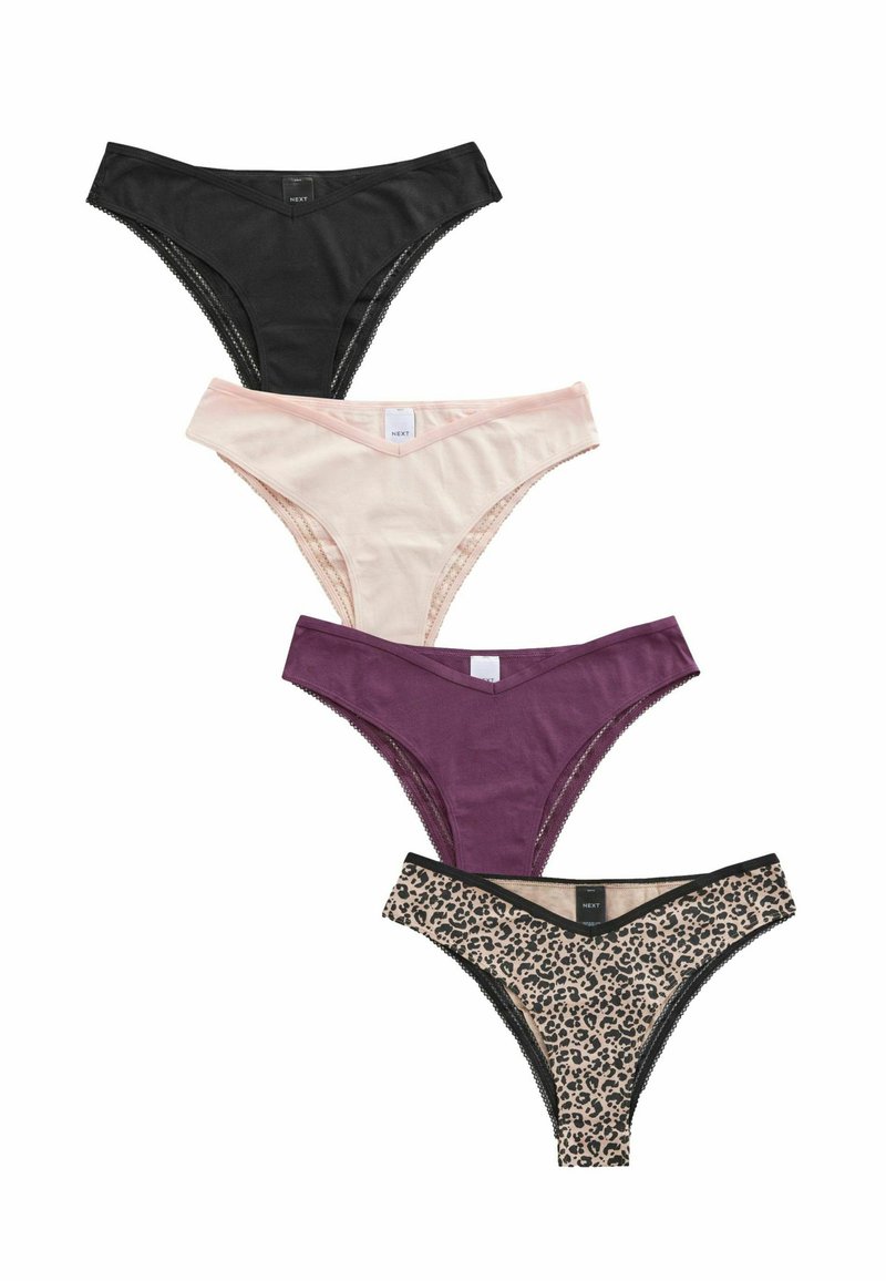 Patru perechi de bikini pentru femei: negru, piersică, mov închis și imprimeu leopard. Fiecare are dantelă la margini și este fabricat dintr-un material moale și elastic.
