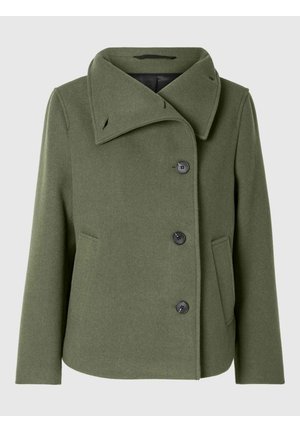 Manteau en mélange de laine vert olive avec un grand col, quatre boutons noirs et des poches latérales. Design droit avec une finition texturée.