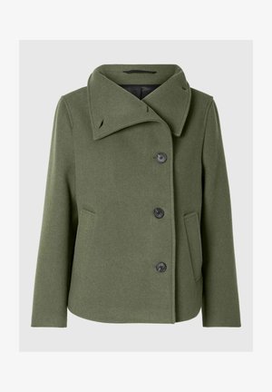 Manteau en mélange de laine vert olive avec un grand col, quatre boutons noirs et des poches latérales. Design droit avec une finition texturée.