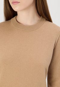 Maglione color cammello con scollatura rotonda a girocollo, colletto a costine e una texture in maglia morbida. Il design è semplice e aderente.