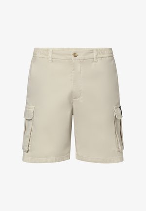 Beige cargoshorts voor heren met een elastische tailleband, knoopsluiting, riemlussen en grote klepzakken aan beide zijden.
