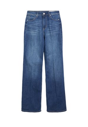 Blaue Denim-Jeans mit geradem Bein, Vordertaschen, Gürtelschlaufen und Knopfverschluss, flach auf weißem Hintergrund gezeigt.