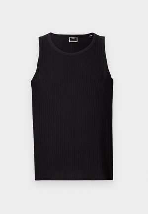 Black ribbed tank top with a round neckline, sleeveless design, and a soft, textured fabric. Features a straight hem and minimal branding.