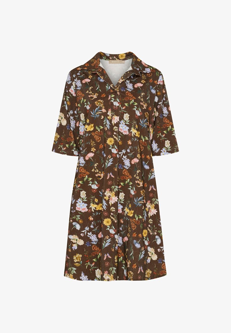 Kort brun blomstrete kjole med korte ermer, krage og knappelukning foran, prydet med gule, lyserøde, blå og hvite blomster.