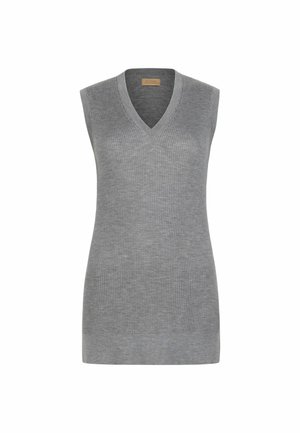 Szara, bezrękawnikowa kamizelka z dzianiny prążkowanej, z dekoltem w serek i gładkim brzegi, prezentowana na białym tle.
