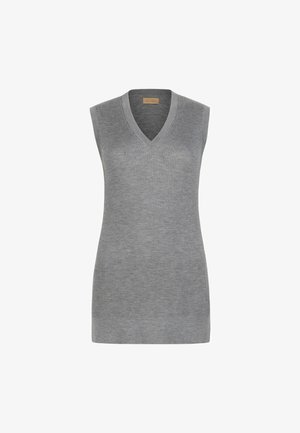 Szara, bezrękawnikowa kamizelka z dzianiny prążkowanej, z dekoltem w serek i gładkim brzegi, prezentowana na białym tle.