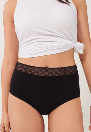 Zwarte high-waisted onderbroek met een geweven kant tailleband met een diamanten patroon. De stof lijkt soepel en rekbaar.
