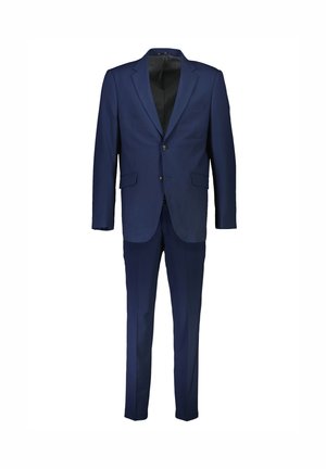 Navyblauer Anzug aus glattem Stoff, bestehend aus einem einreihigen Jackett mit Reverskragen und einer schmal geschnittenen Hose mit geradem Bein.