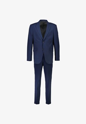 Mörkblå kostym i slät tyg, med en enfaldig kavaj med notching lapeller och byxor med rak benstil.