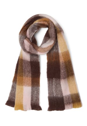 Una bufanda suave con flecos y un estampado de cuadros grandes en marrón, amarillo mostaza, gris y rosa pálido, doblada en forma de lazo en la parte superior.