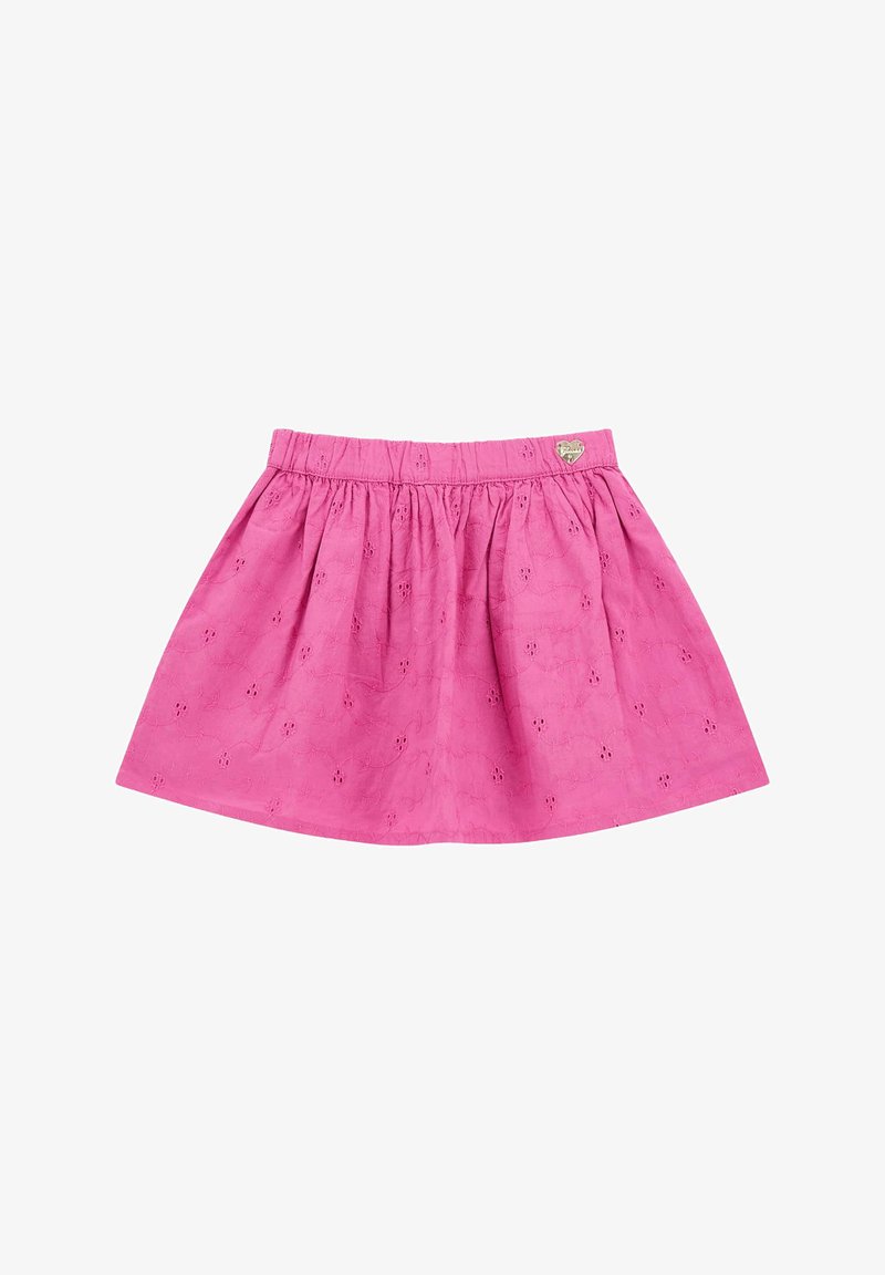 Pink skirt featuring a gathered design, made from lightweight fabric with embroidered floral patterns and an elastic waistband.
