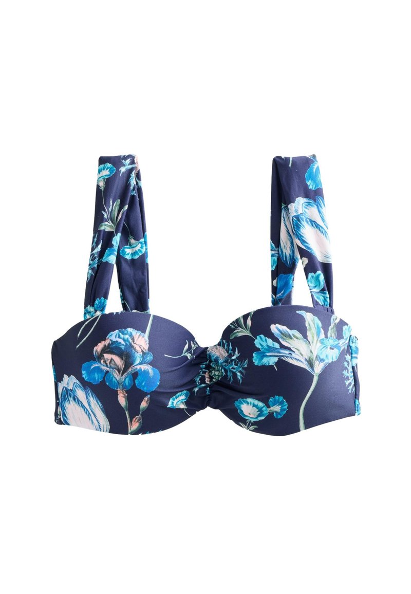 Top bikini blu navy con ampie spalline, con stampa floreale in tonalità di blu, bianco e rosa chiaro.