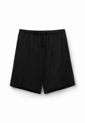 Černé volné šortky s elastickým pasem a předním stahováním, s bočními kapsami, ležící na bílé pozadí.