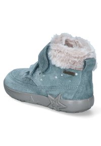 Graublaues Wildleder-Ankle-Boots mit einem Kunstfellkragen, Sternakzenten an der Seite und einem Klettverschluss. Strukturiertes Gummisohle für besseren Halt.