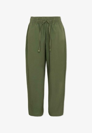 Pantaloni casual verde oliva con vita elastica e coulisse regolabile, gambe dritte e tasche laterali.