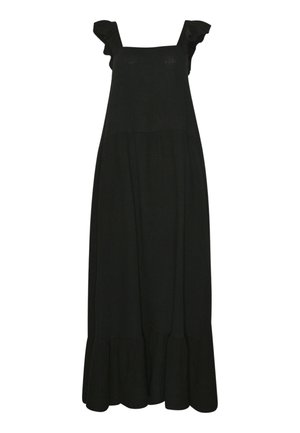 Crna maksi haljina bez rukava s naboranim naramenicama i skupnim rubom.