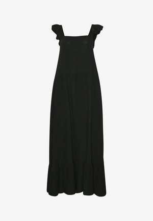 Fekete ujjatlan maxi ruha fodros vállpántokkal és begyűrt szegéllyel.