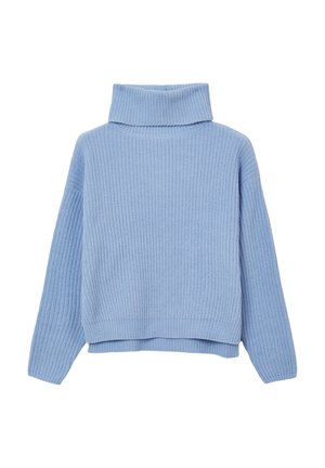 Maglione lavorato a maglia blu chiaro con colletto alto, maniche lunghe e vestibilità ampia. La texture è a coste, con orlo corto.