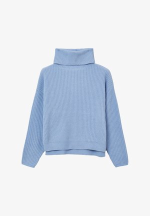 Maglione lavorato a maglia blu chiaro con colletto alto, maniche lunghe e vestibilità ampia. La texture è a coste, con orlo corto.
