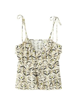 Haut blanc sans manches avec fines bretelles à nouer et un imprimé de feuilles noires et vertes, avec un col froncé.