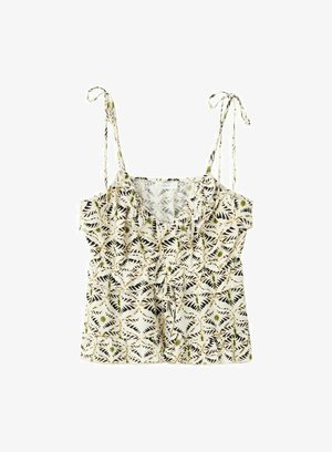 Witte mouwloze top met dunne bindbandjes en een zwart-groene bladprint, met een gerimpelde halslijn.