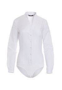 Biała bodysuit z długim rękawem, z kołnierzykiem mandarynkowym, z przodu zapinana na guziki i z majteczkami typu thong. Wykonana z gładkiego, lekkiego materiału.