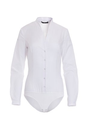 Biała bodysuit z długim rękawem, z kołnierzykiem mandarynkowym, z przodu zapinana na guziki i z majteczkami typu thong. Wykonana z gładkiego, lekkiego materiału.